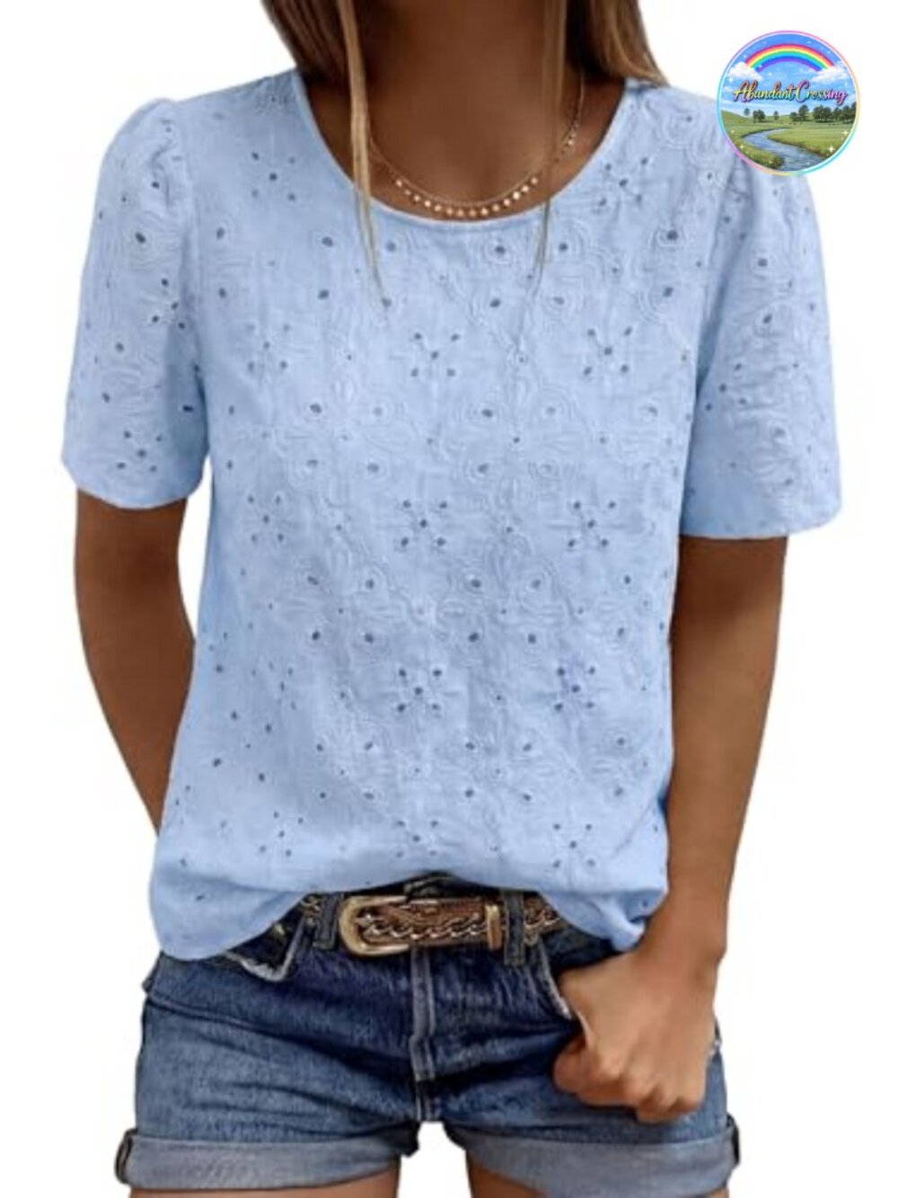 Women's Embroidered Eyelet Short Puff Sleeve Blouse